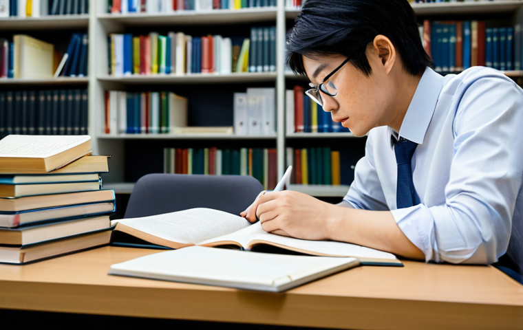 A focused professional studying Japanese, surrounded by textbooks and notes on a clean desk in a modern, quiet library. They are fully clothed in modest, professional attire, with perfect anatomy and natural proportions. The image should convey a sense of diligence and determination. safe for work, appropriate content, family-friendly, high quality, professional photography, correct proportions, well-formed hands, proper finger count.