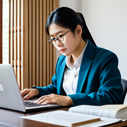Home 24 **
"A Thai freelance translator working from home, fully clothed in comfortable attire, sitting at a desk with a laptop, surrounded by Japanese books and documents, natural light, safe for work, appropriate content, perfect anatomy, professional freelancer, modest setup."
**