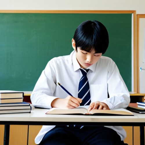 Home 21 **Prompt:** A student sitting at a desk, surrounded by textbooks and a notebook filled with Kanji characters, in a bright and organized study room. Fully clothed, appropriate attire, safe for work, perfect anatomy, natural proportions, educational setting, modest.