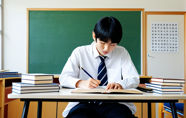 **Prompt:** A student sitting at a desk, surrounded by textbooks and a notebook filled with Kanji characters, in a bright and organized study room. Fully clothed, appropriate attire, safe for work, perfect anatomy, natural proportions, educational setting, modest.