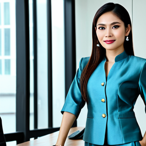 Home 8 JLPT 시험과 일본어 기초 회화 병행 학습 - **A professional Thai businesswoman in a modern office in Bangkok, wearing a modest and elegant Thai...