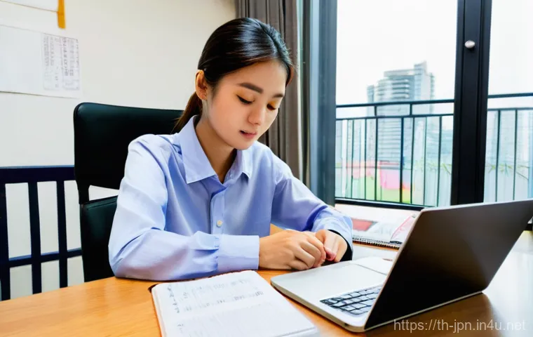 JLPT와 일본 내 유학생을 위한 학습 가이드 - **Prompt:** A focused young Thai woman, in her early twenties, is deeply engrossed in studying for t...