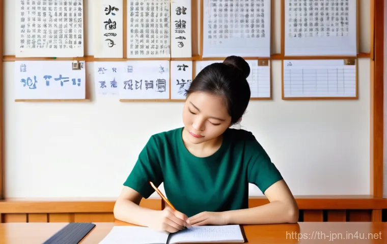 JLPT와 일본 내 직무와의 학문적 연계 - **A determined young Thai female student in her early 20s, with a focused expression, sits at a clea...
