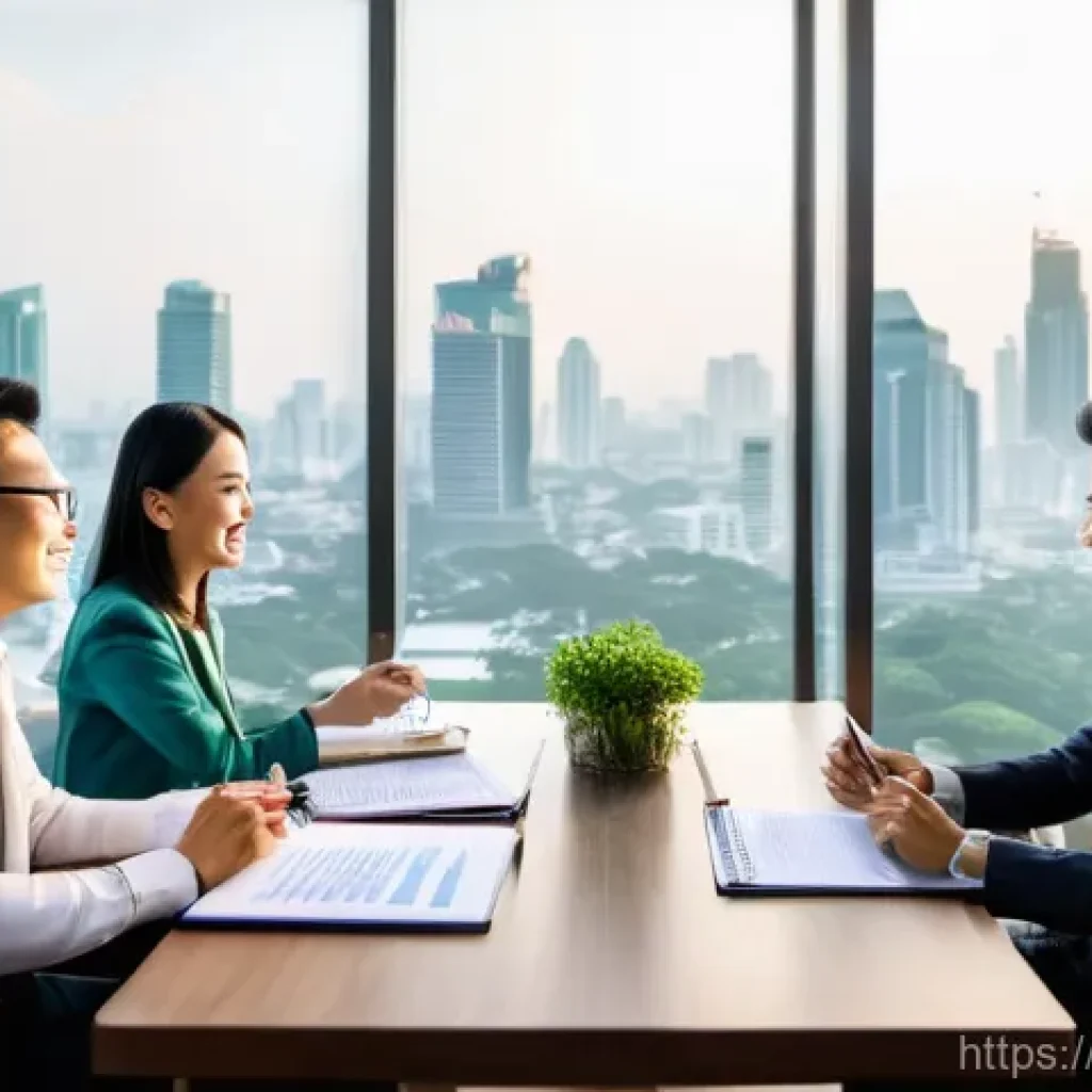 JLPT 자격증을 활용한 비즈니스 회의 성공 사례 - **Prompt: "A vibrant, modern office meeting room in Bangkok, Thailand. A diverse group of profession...