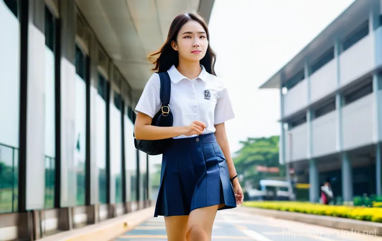 JLPT 시험 장소와 준비물 체크리스트 - **Prompt:** A young Thai student, appearing calm and focused, is seen walking purposefully towards t...