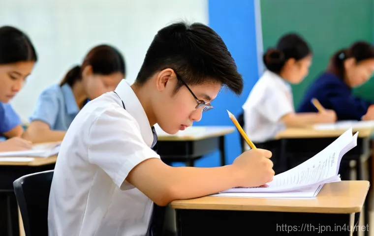 JLPT 시험 장소와 준비물 체크리스트 - **Prompt:** A young Thai student, appearing calm and focused, is seen walking purposefully towards t...