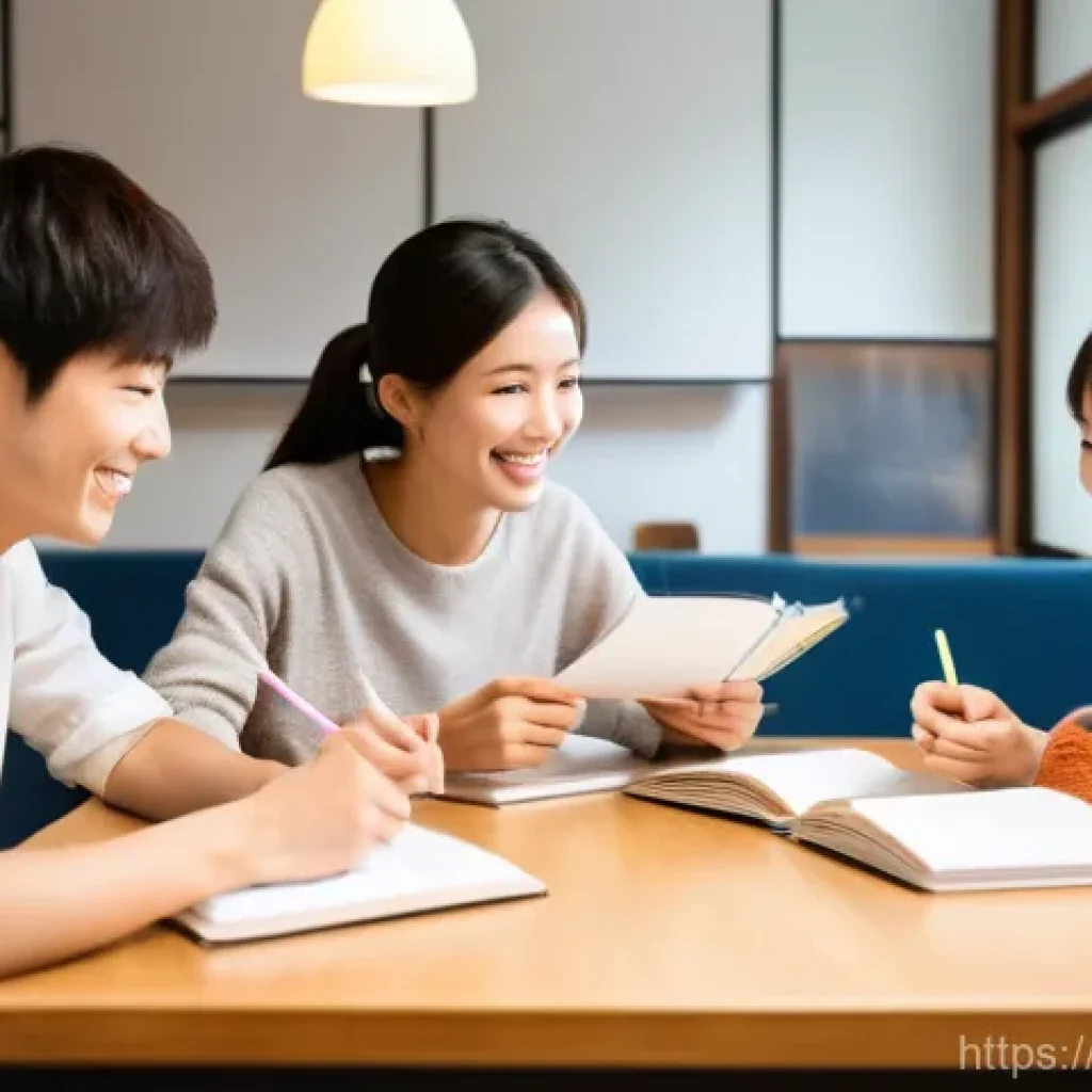 JLPT 스터디 그룹 운영 팁 - **Prompt 1: Collaborative Japanese Study Group**
    A diverse group of four young adults (two men, ...