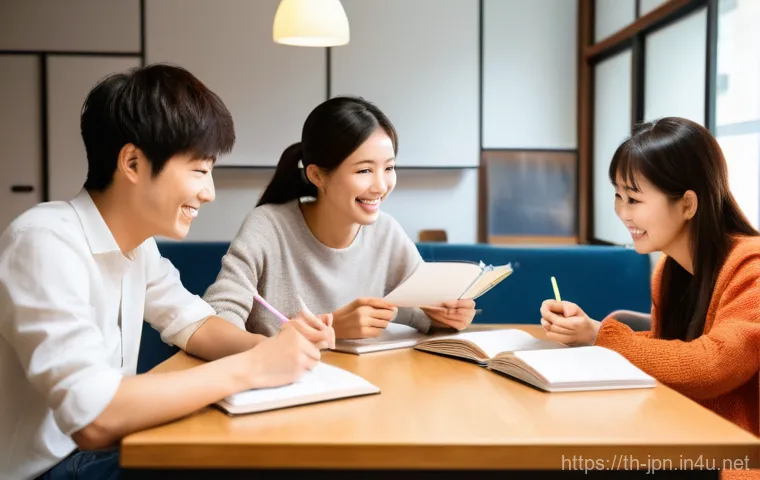 JLPT 스터디 그룹 운영 팁 - **Prompt 1: Collaborative Japanese Study Group**
    A diverse group of four young adults (two men, ...