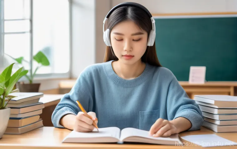 JLPT와 일본 취업 대비 자기소개서 작성법 - A focused young Thai woman in her early 20s, wearing a comfortable long-sleeved top and jeans, sitti...