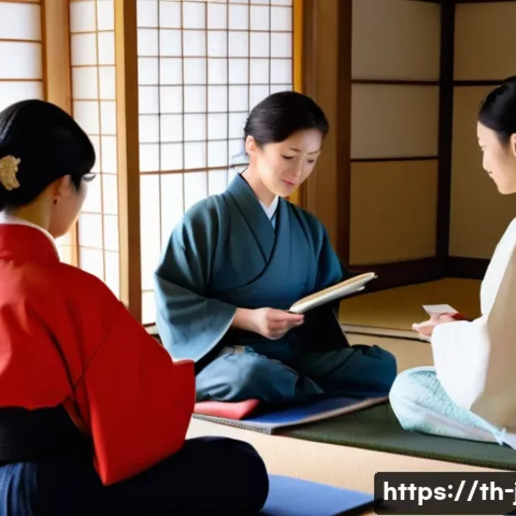 JLPT와 일본 내 관광 산업 연구 사례 - A group of diverse adult tourists with visible JLPT study materials and guidebooks, attentively part...