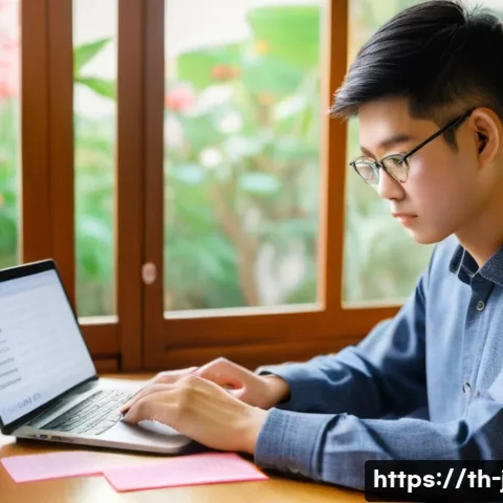 JLPT 독해 연습 자료 무료로 구하는 법 - A cozy modern study room with a young Thai adult sitting at a wooden desk, focused on reading Japane...