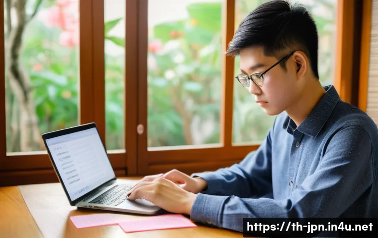 JLPT 독해 연습 자료 무료로 구하는 법 - A cozy modern study room with a young Thai adult sitting at a wooden desk, focused on reading Japane...