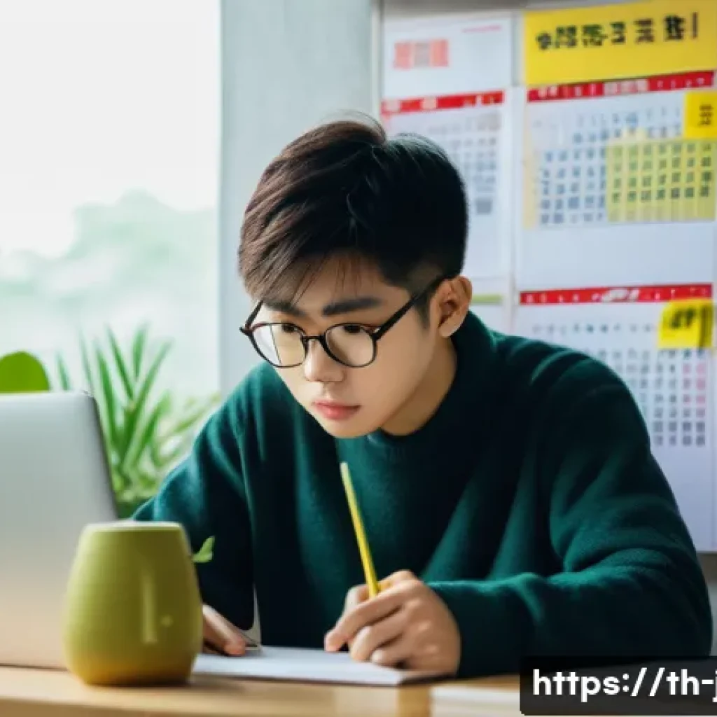 JLPT와 일본어 교수법 연구 성과 - A focused young Thai student sitting at a modern desk in a cozy room filled with Japanese language t...