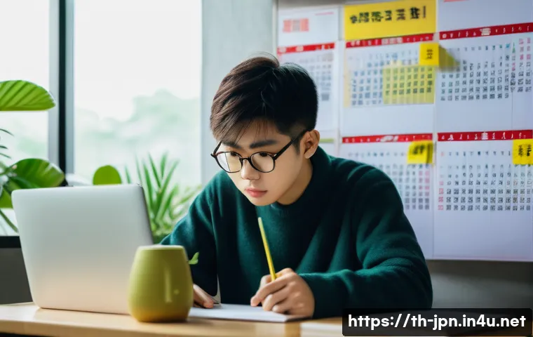 JLPT와 일본어 교수법 연구 성과 - A focused young Thai student sitting at a modern desk in a cozy room filled with Japanese language t...