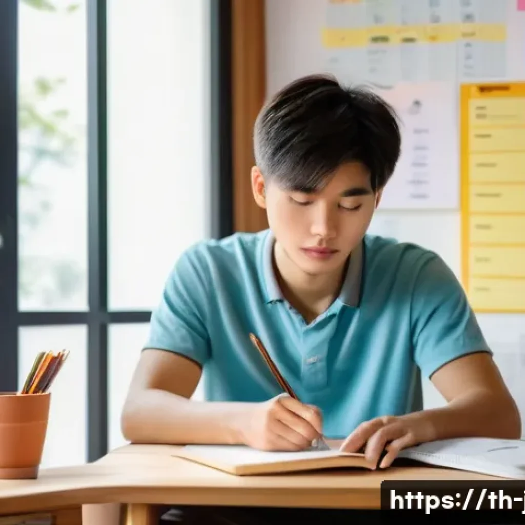 JLPT와 일본어 시험 응시자 성공 스토리 - A focused Thai student sitting at a wooden desk in a cozy room, studying Japanese language materials...