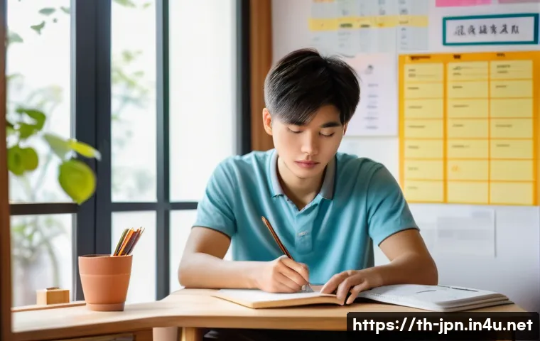 JLPT와 일본어 시험 응시자 성공 스토리 - A focused Thai student sitting at a wooden desk in a cozy room, studying Japanese language materials...