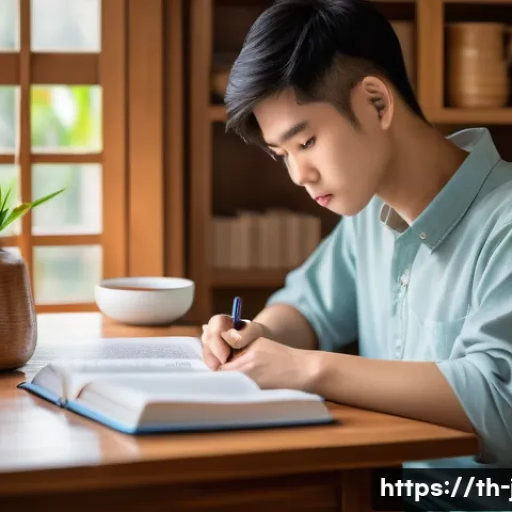 JLPT와 일본어 능력 평가 실기 시험 - A focused young Thai student sitting at a wooden desk in a cozy, well-lit room with traditional Thai...