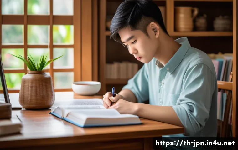 JLPT와 일본어 능력 평가 실기 시험 - A focused young Thai student sitting at a wooden desk in a cozy, well-lit room with traditional Thai...