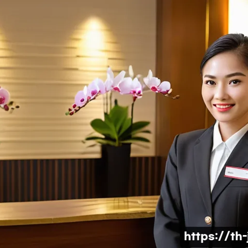 JLPT 자격증으로 호텔 업계 취업 성공 사례 - A professional hotel receptionist of Southeast Asian descent, wearing a neat hotel uniform with a na...