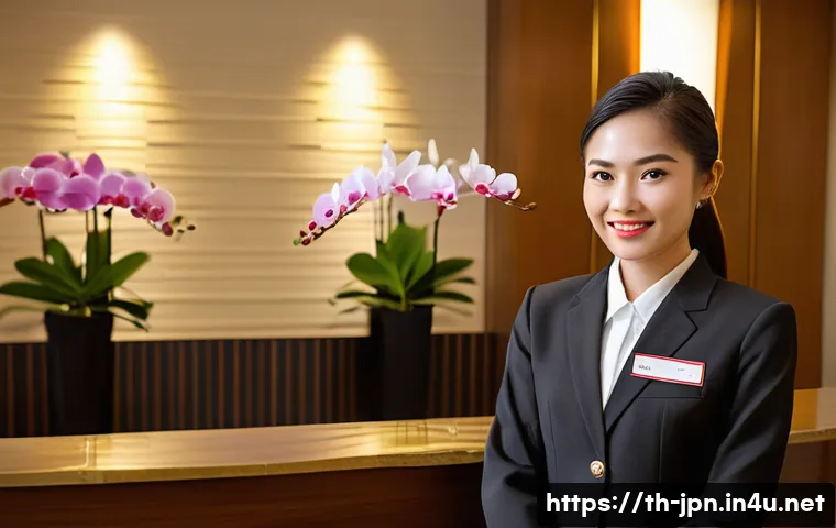 JLPT 자격증으로 호텔 업계 취업 성공 사례 - A professional hotel receptionist of Southeast Asian descent, wearing a neat hotel uniform with a na...