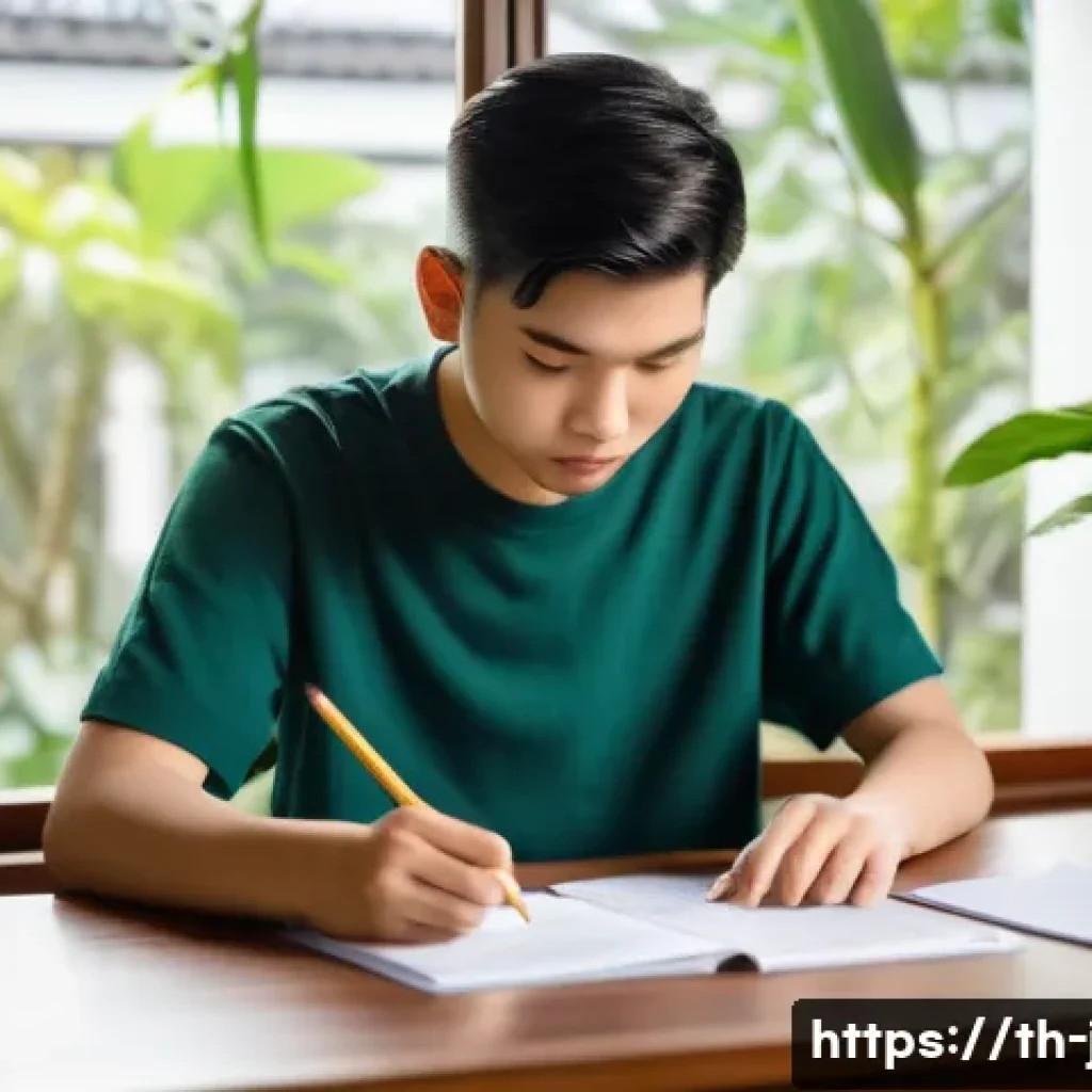 JLPT 시험 응시 전 체크해야 할 주의사항 - A detailed scene of a young Thai adult student preparing for the JLPT exam, sitting at a clean desk ...