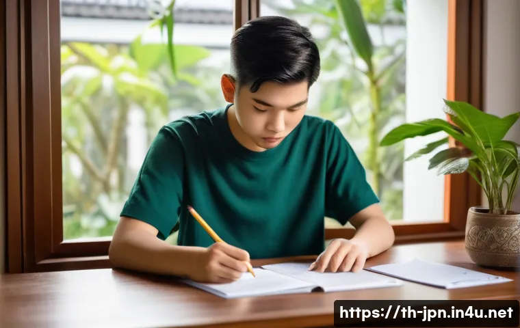 JLPT 시험 응시 전 체크해야 할 주의사항 - A detailed scene of a young Thai adult student preparing for the JLPT exam, sitting at a clean desk ...
