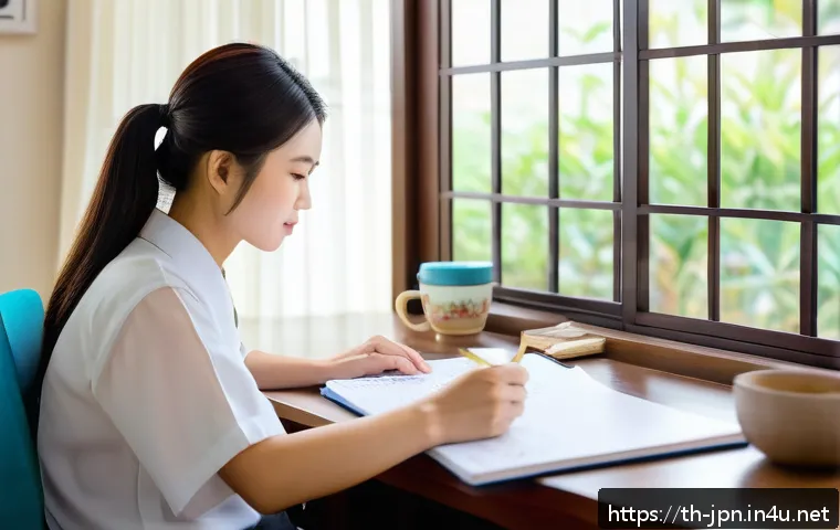 JLPT와 일본어 시험과의 연계성 분석 - A focused young Thai adult studying Japanese language at a cozy home desk, surrounded by JLPT, J.TES...