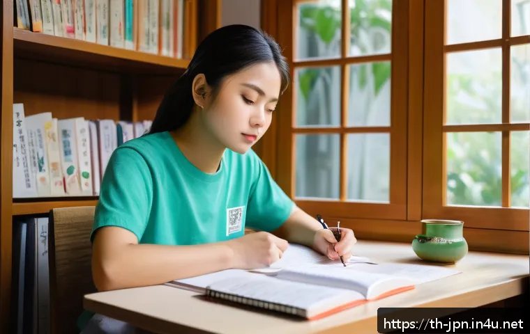 JLPT N1 실기 시험 사례 분석 - A focused young Thai student studying for the JLPT N1 exam at a cozy home desk, surrounded by Japane...