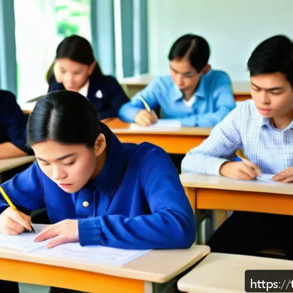 JLPT와 JPT 차이점 - A detailed classroom scene in a modern Bangkok language school, showing diverse Thai students attent...