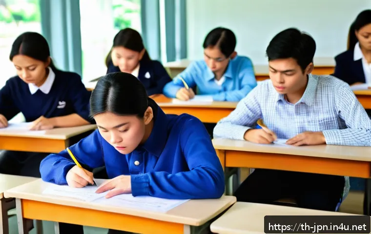 JLPT와 JPT 차이점 - A detailed classroom scene in a modern Bangkok language school, showing diverse Thai students attent...