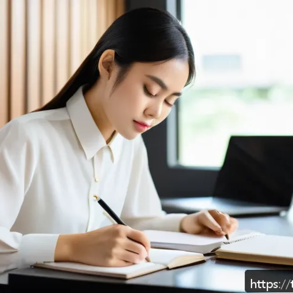 JLPT와 일본어 능력 시험의 실질적 영향 - A professional young Thai woman confidently studying Japanese language materials at a modern desk, s...