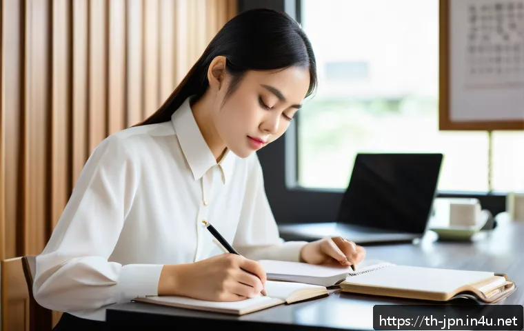 JLPT와 일본어 능력 시험의 실질적 영향 - A professional young Thai woman confidently studying Japanese language materials at a modern desk, s...
