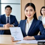 Home 22 JLPT 성적을 활용한 전문 자격증 취득 사례 - A professional Thai woman in a modern office setting, confidently presenting a JLPT certificate to J...