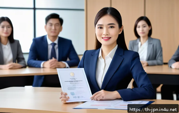 JLPT 성적을 활용한 전문 자격증 취득 사례 - A professional Thai woman in a modern office setting, confidently presenting a JLPT certificate to J...