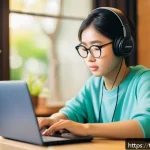 Home 21 JLPT와 일본어 면접 준비 팁 - A cozy Japanese study room scene showing a young Thai student attentively listening to a Japanese po...