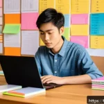 Home 19 JLPT와 일본어 고급 문법 학습법 - A cozy study scene featuring a young Thai adult sitting at a wooden desk filled with colorful notebo...