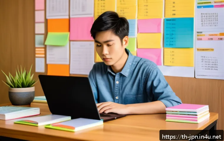 JLPT와 일본어 고급 문법 학습법 - A cozy study scene featuring a young Thai adult sitting at a wooden desk filled with colorful notebo...