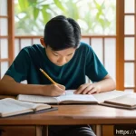 Home 18 JLPT 시험 전 마지막 점검 체크리스트 - A focused Thai student studying at a tidy wooden desk in a cozy home environment, natural daylight s...