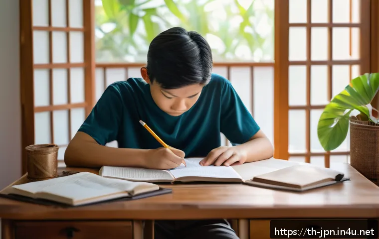 JLPT 시험 전 마지막 점검 체크리스트 - A focused Thai student studying at a tidy wooden desk in a cozy home environment, natural daylight s...