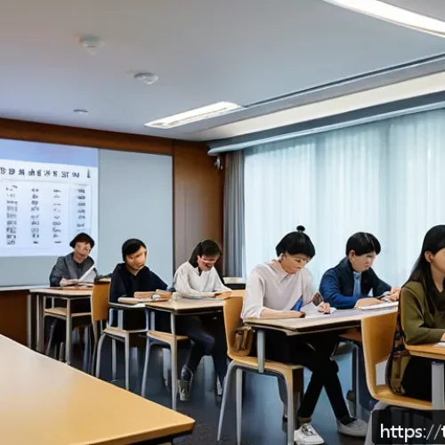 Home 29 JLPT 시험의 역사와 변화 과정 - A modern classroom scene with diverse international students sitting at desks, attentively taking th...