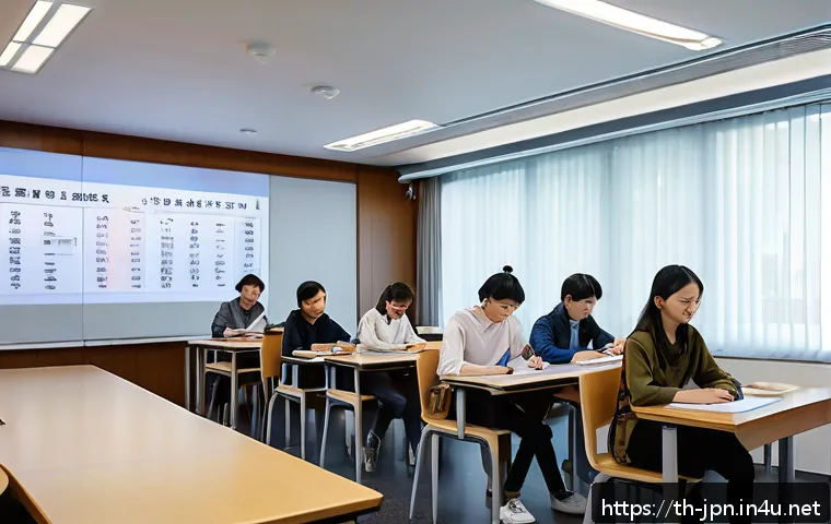 JLPT 시험의 역사와 변화 과정 - A modern classroom scene with diverse international students sitting at desks, attentively taking th...