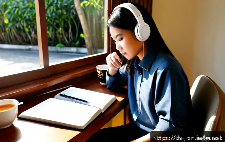 Home 30 JLPT N1 듣기 문제 해결 전략 - Photorealistic Thai adult learner wearing casual smart clothing, seated at a tidy home study desk in...