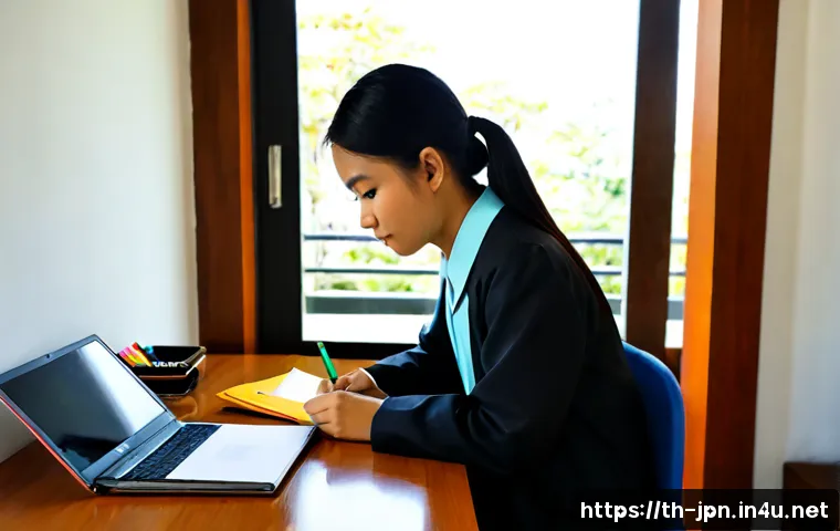 JLPT 시험 후 일본어 교육학 석사 준비 - Photorealistic Thai university graduate in a neat study space in Bangkok, carefully organizing Japan...